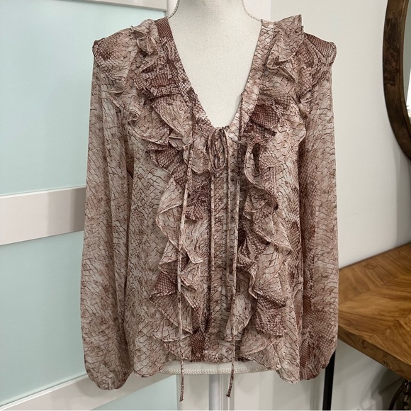 Anthropologie Snake Print Ruffled V Neck Long Sleeve Top Blouse Small Sheer NWT - Picture 3 of 10